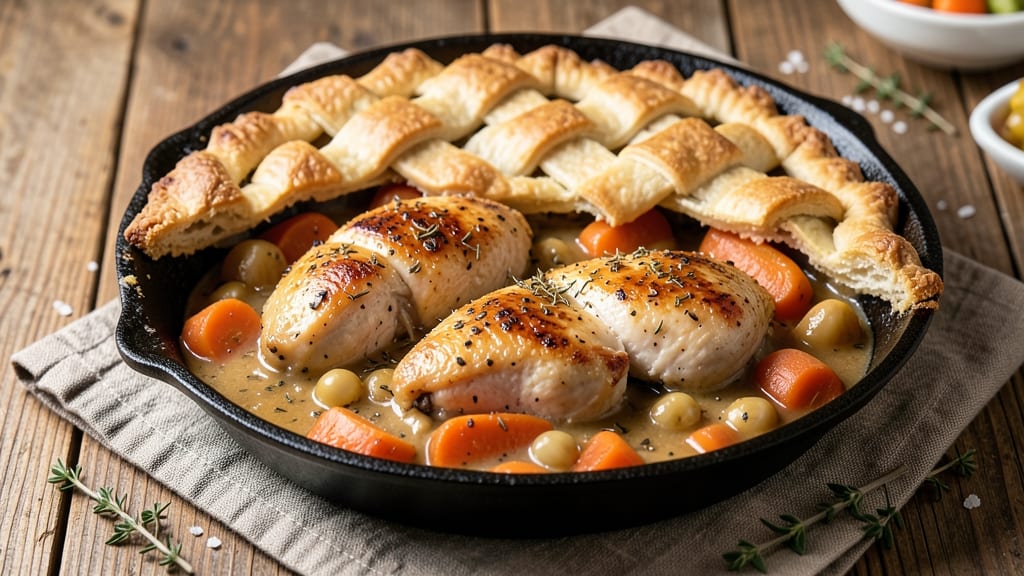 Quick Chicken Pot Pie Recipe With Pie Crust: One-Skillet Dinner With Flaky Top and Creamy Filling
