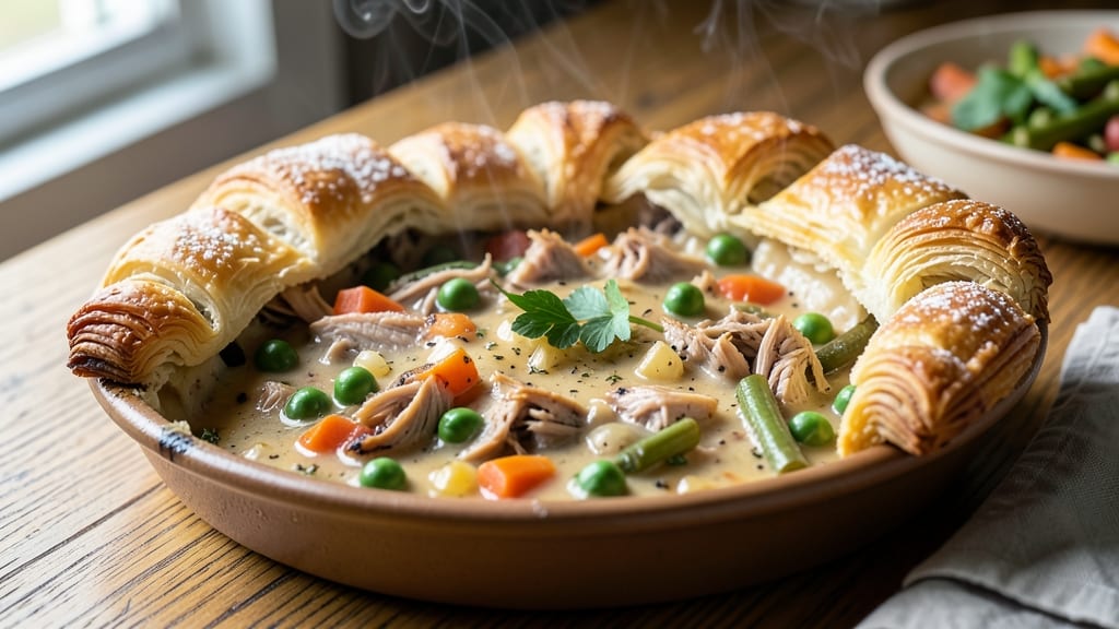 Recipe For Turkey Pot Pie Using Puff Pastry: Savory Gravy Hugs Shredded Meat in Crispy Layers