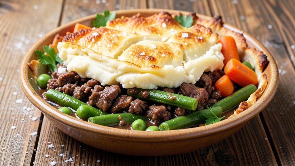 Recipe for Shepherd's Pie with Ground Beef and Green Beans: Savory Mashed Potato Crust With Veggie-Packed Filling