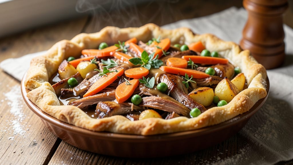 Recipe for Turkey Pot Pie with Biscuit Crust: Savory Gravy Hugging Tender Meat